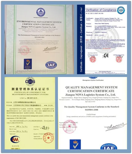 ISO9001 CE AS4084 certifications for warehouse racking systems